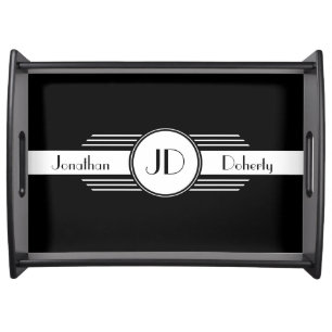 Black and White Art Deco Monogrammed Serving Tray
