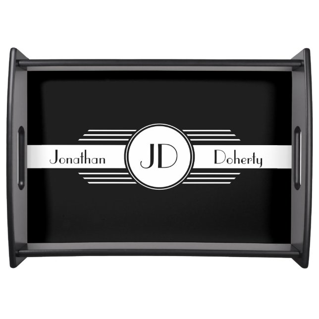 Black and White Art Deco Monogrammed Serving Tray (Front)