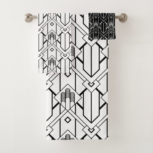 Black and white Art Deco pattern No.3 Bath Towel Set (Insitu)