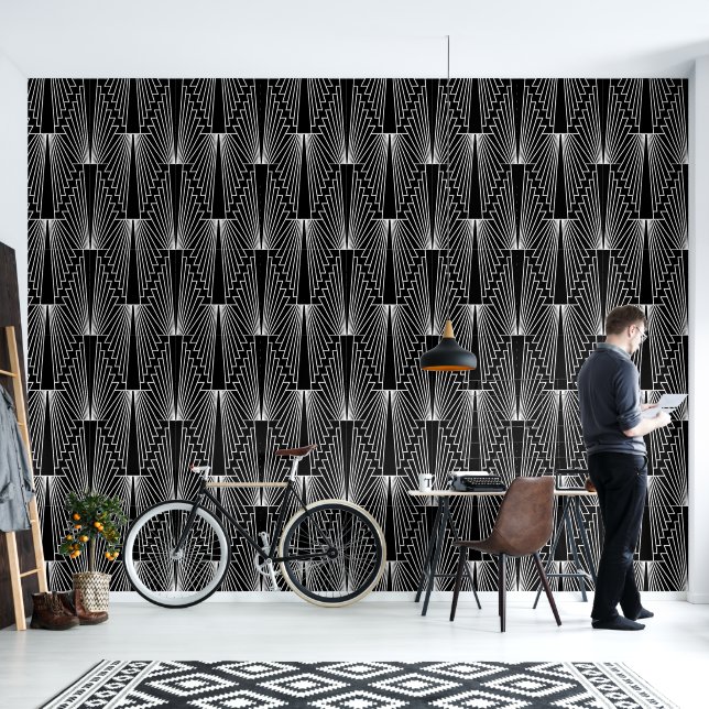 Black and white art deco pattern wallpaper  (Living Room)
