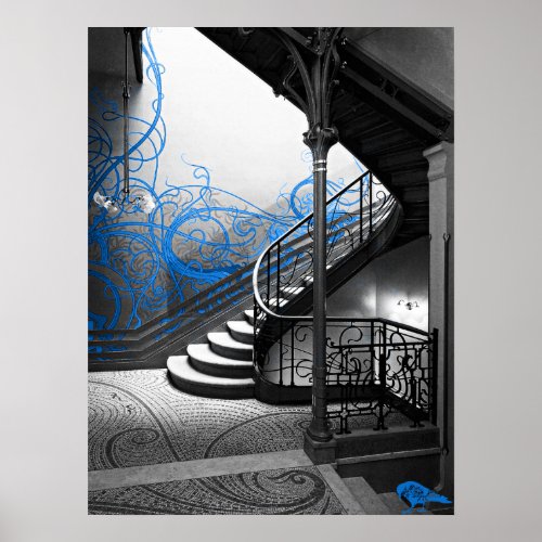 Black and White Art Deco Stairwell with Blue Poster