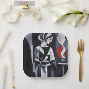 Black and White Art Deco Woman Portrait Paper Plat Plates