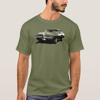 Black and white art of 1968 GTO on colored t-shirt
