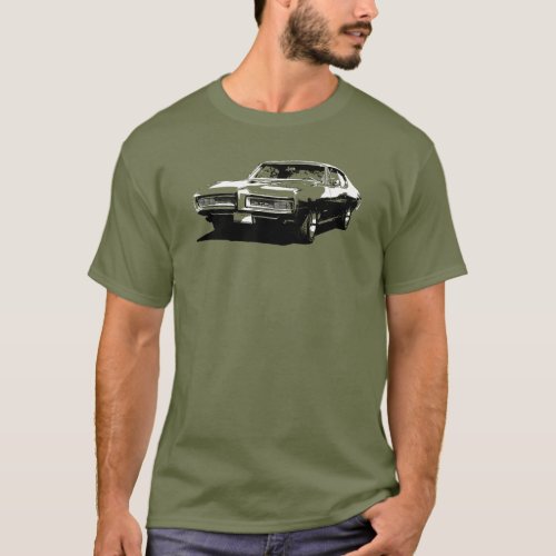 Black and white art of 1968 GTO on colored t_shirt