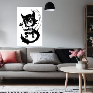 Black and White art young Devil girl AI Art Poster