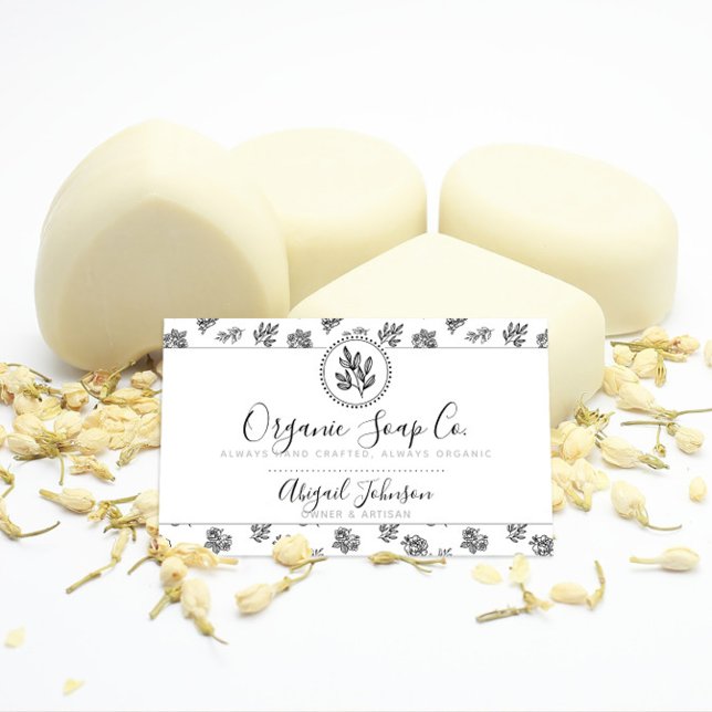 Black and White Artisan Hand-Drawn Roses Leaves Business Card (Creator Uploaded)