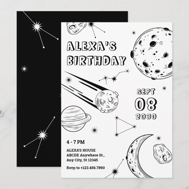 Black and white astrology moon birthday  invitation (Front/Back)