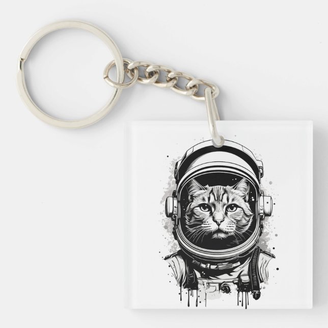 Black and White Astronaut Cat Keychain (Front)