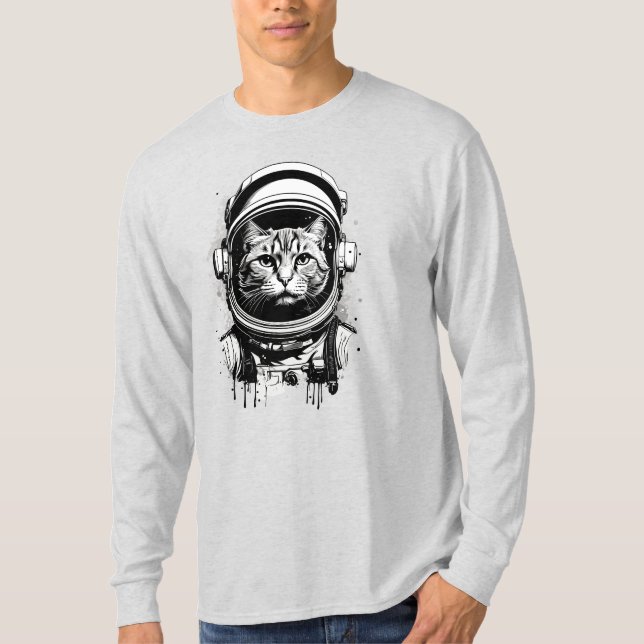 Black and White Astronaut Cat T-Shirt (Front)