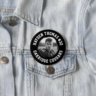 Black and White Athlete Name Jersey Number Photo Button