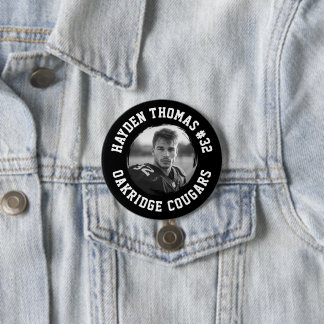 Black and White Athlete Name Jersey Number Photo Button