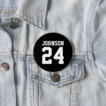 Black and White Athlete Name Jersey Number Pinback Button<br><div class="desc">Cheer on your favorite sports team, football player or just show off your school pride with a custom personalized spirit button! Add your school name or personalize with a player's name and jersey number. Perfect for football, basketball, baseball and soccer games! Create custom pins for the whole team, cheerleaders, parents...</div>