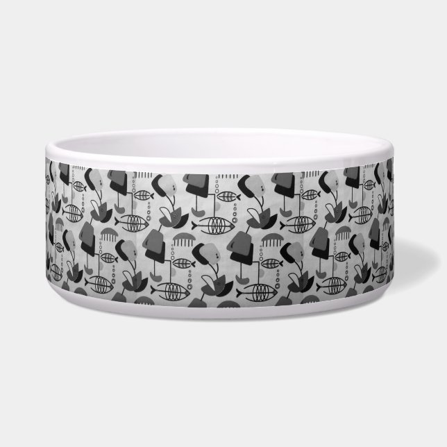 Black and White Atomic Pattern Ceramic Pet Bowl (Front)