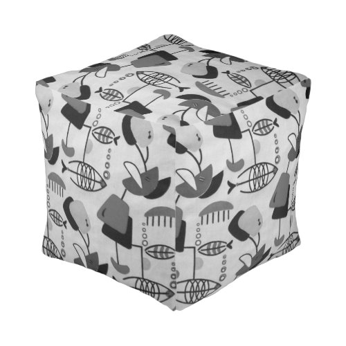 Black and White Atomic Pattern Cube Pouf