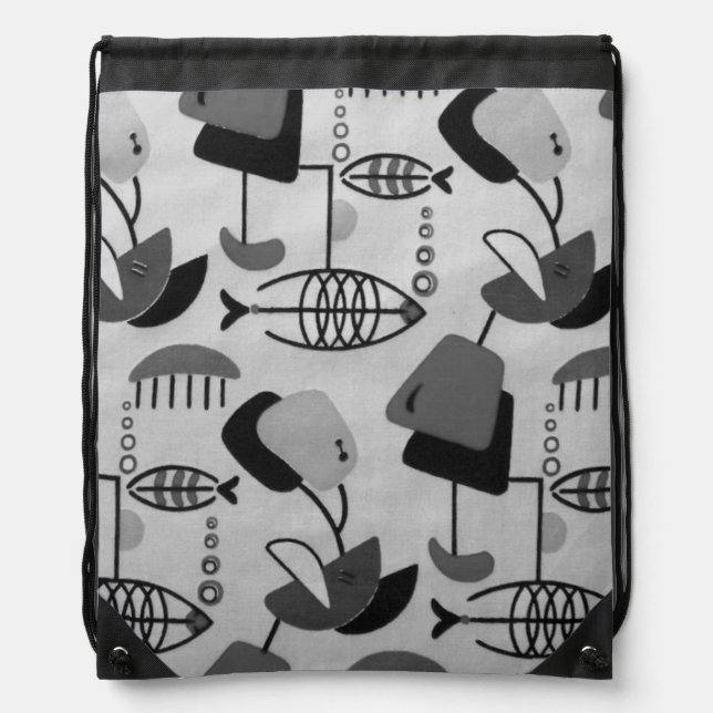 Black and White Atomic Pattern Drawstring Backpack (Front)