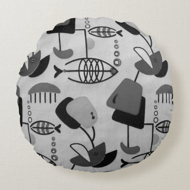 Black and White Atomic Pattern Round Pillow (Front)