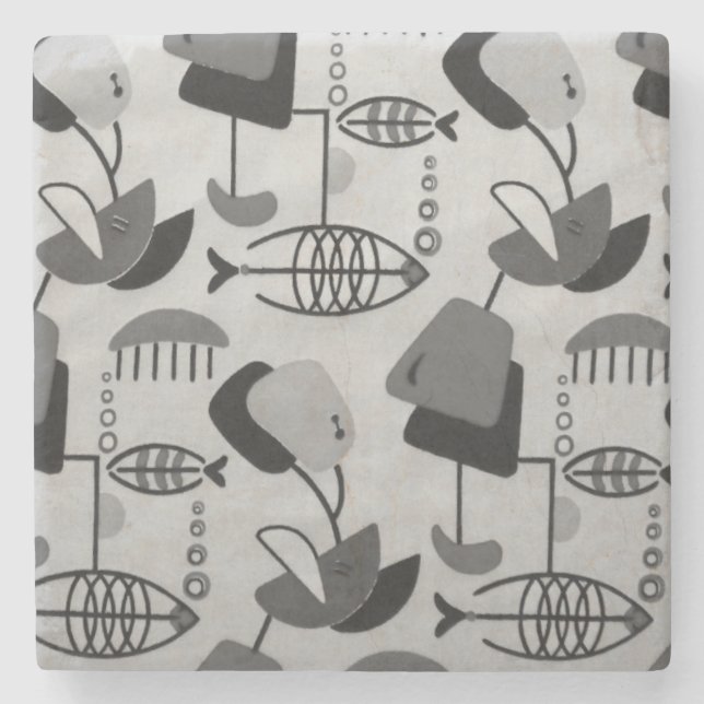 Black and White Atomic Pattern Stone Coaster (Front)