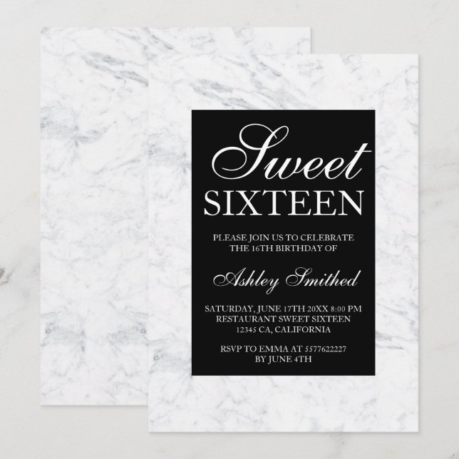 Black and white attire marble chic Sweet 16 Invitation (Front/Back)