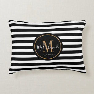 Black and White Awning Stripes Family Monogram Accent Pillow