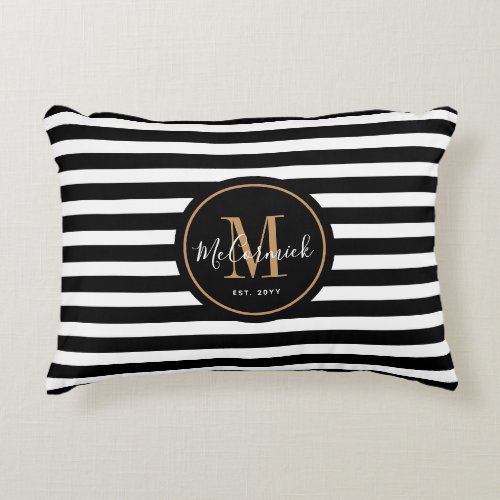 Black and White Awning Stripes Family Monogram Accent Pillow