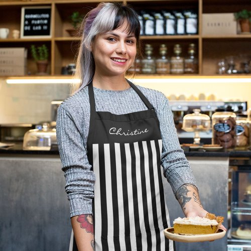 Black and White Awning Stripes with Name Apron