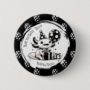 Black and White Axolotl & Balloons Birthday Button