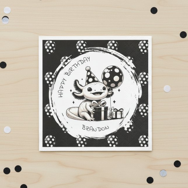 Black and White Axolotl & Balloons Birthday Napkins (Creator Uploaded)