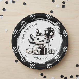 Black and White Axolotl & Balloons Birthday Paper Plates