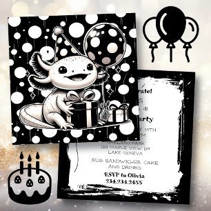 Black and White Axolotl Birthday Party Invitation