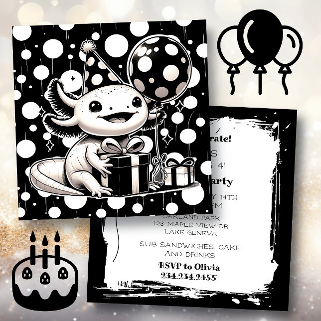 Black and White Axolotl Birthday Party Invitation (Creator Uploaded)