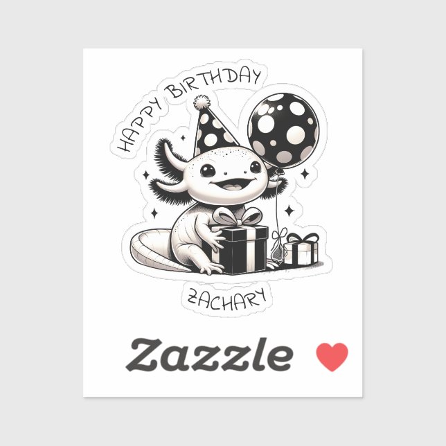 Black and White Axolotl Birthday Party Personalize Sticker (Sheet)