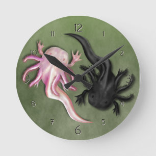 Black and White Axolotls Art Round Clock