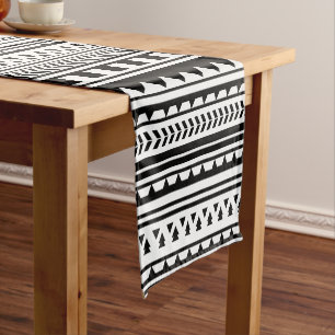 Black and White Aztec Geometric Triangle Pattern Short Table Runner