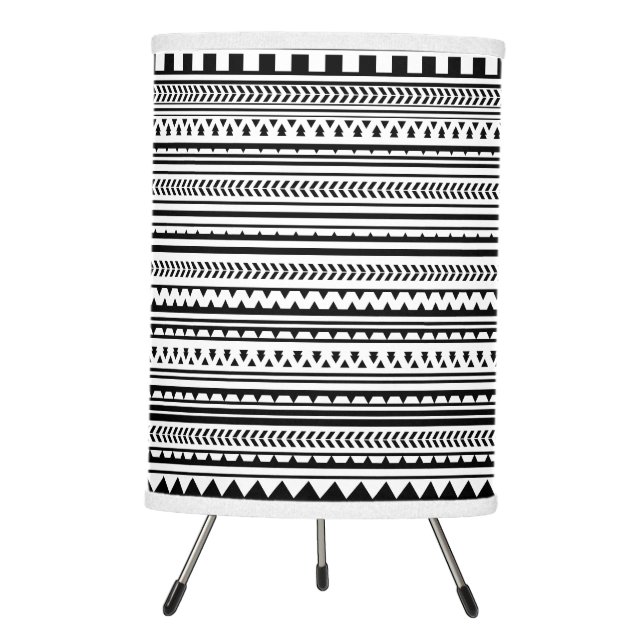 Black and White Aztec Geometric Triangle Pattern Tripod Lamp (Front)