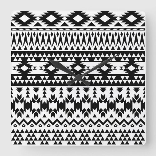 Black and White Aztec geometric vector pattern Square Wall Clock