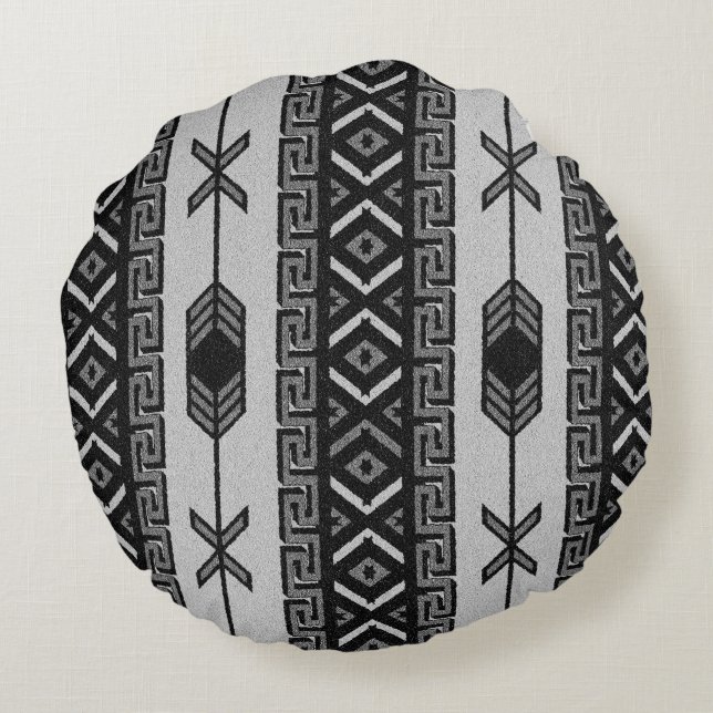 Black And White Aztec Pattern Southwestern Design Round Pillow (Back)