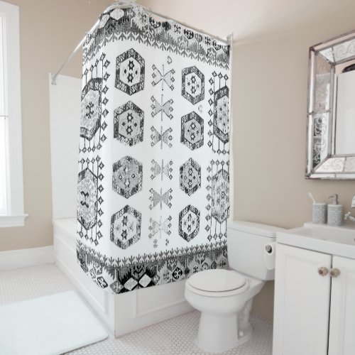 Black and White Aztec Shape Pattern Shower Curtain