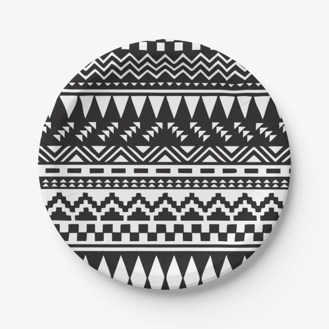 Black and White Aztec Tribal Paper Plates (Front)