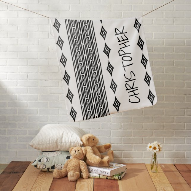 Black and White Aztec Tribal Striped Pattern Baby Blanket (In Situ)