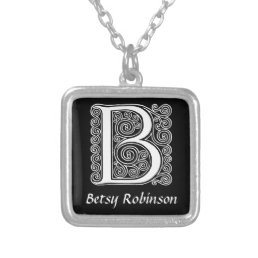 Black and White B Monogram Initial Personalized Silver Plated Necklace