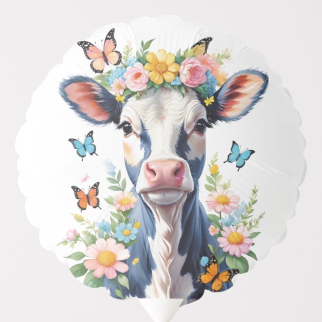 Black And White Baby Cow With Flower Crown Balloon (Front)
