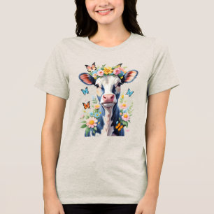 Black And White Baby Cow With Flower Crown Tri-Blend Shirt