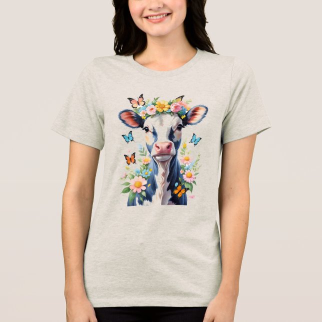 Black And White Baby Cow With Flower Crown Tri-Blend Shirt (Front)