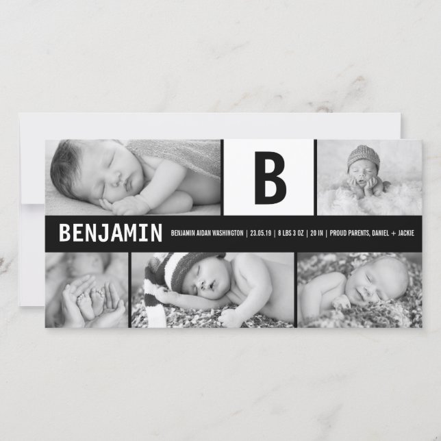Black And White Baby Monogram 5 Photo Modern Birth Announcement (Front)