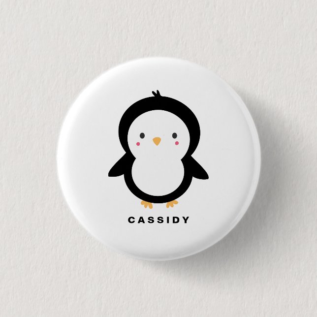 Black and White Baby Penguin Kids Personalized Button (Front)