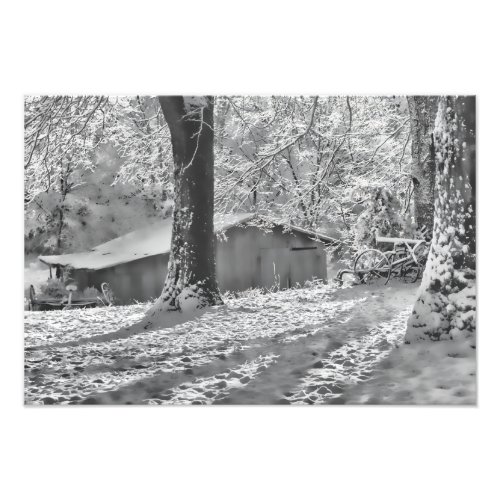 Black and White Backlit Rural Snow Scene Photo Print