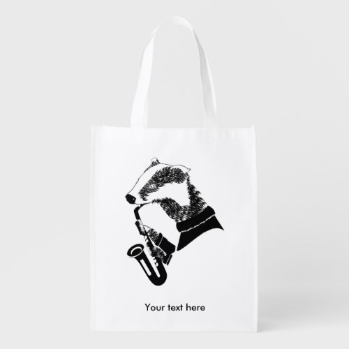 Black and White Badger Playing A Saxophone Grocery Bag