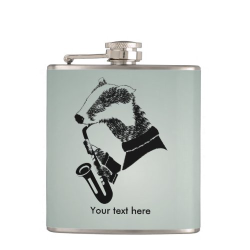 Black and White Badger Saxophone Customizable Flask