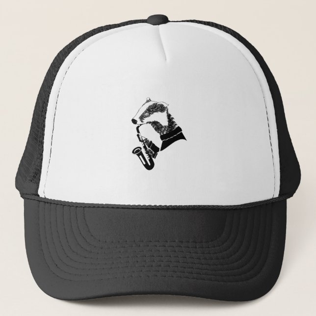 Black and White Badger Saxophone Customizable Trucker Hat (Front)