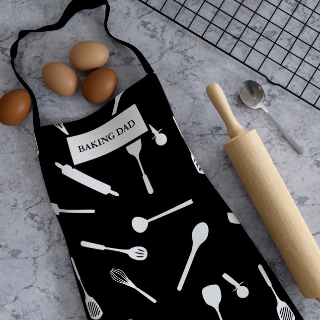 Black and White Baking Dad Utensil Kitchen Apron (Creator Uploaded)